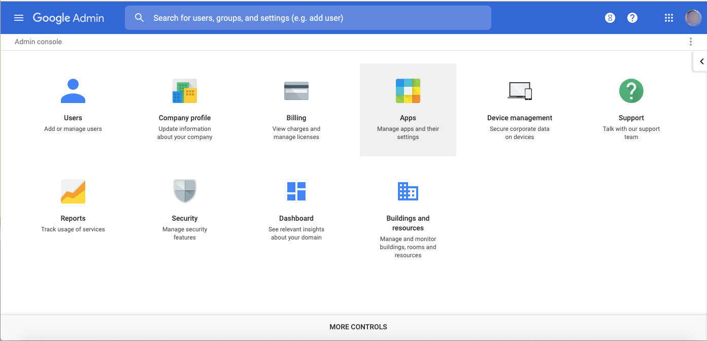 G Suite Apps dashboard selection