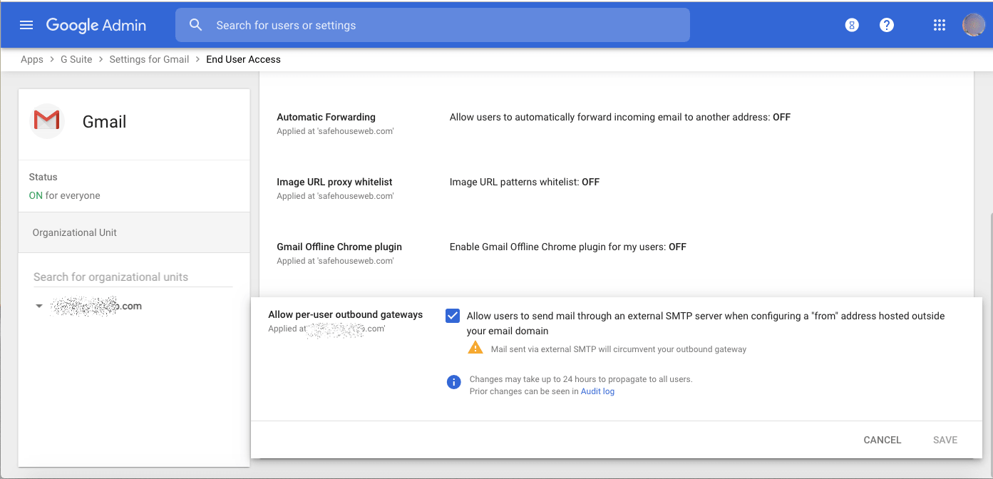Gmail per user outbound gateways settings