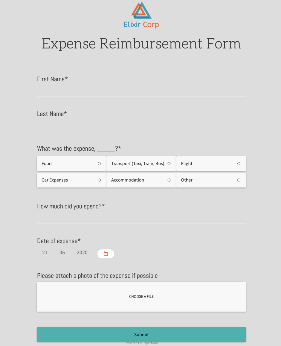 Paperform expense reimbursement form template